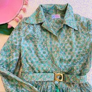 70s Paisley Eyelet Maxi Long Sleeve Dress S M